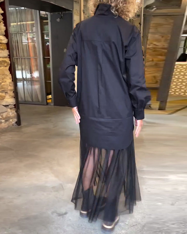 Loose long-sleeved mesh patchwork dress