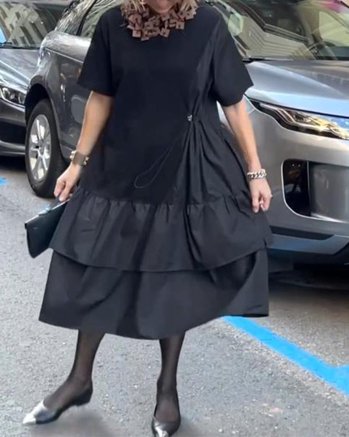 Round Neck Short Sleeve Patchwork Loose Dress