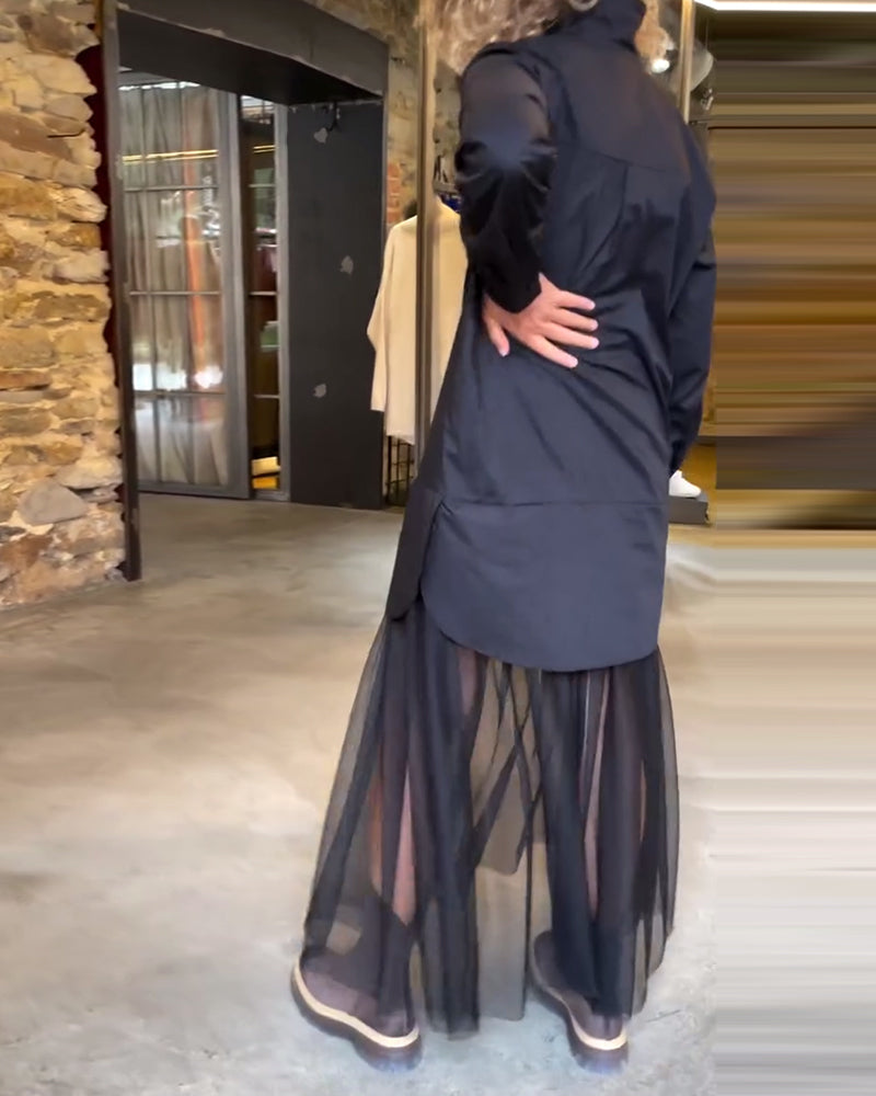 Loose long-sleeved mesh patchwork dress