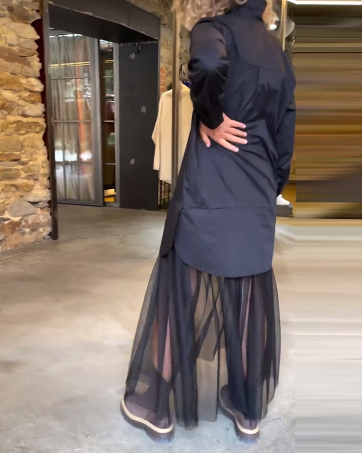 Loose long-sleeved mesh patchwork dress