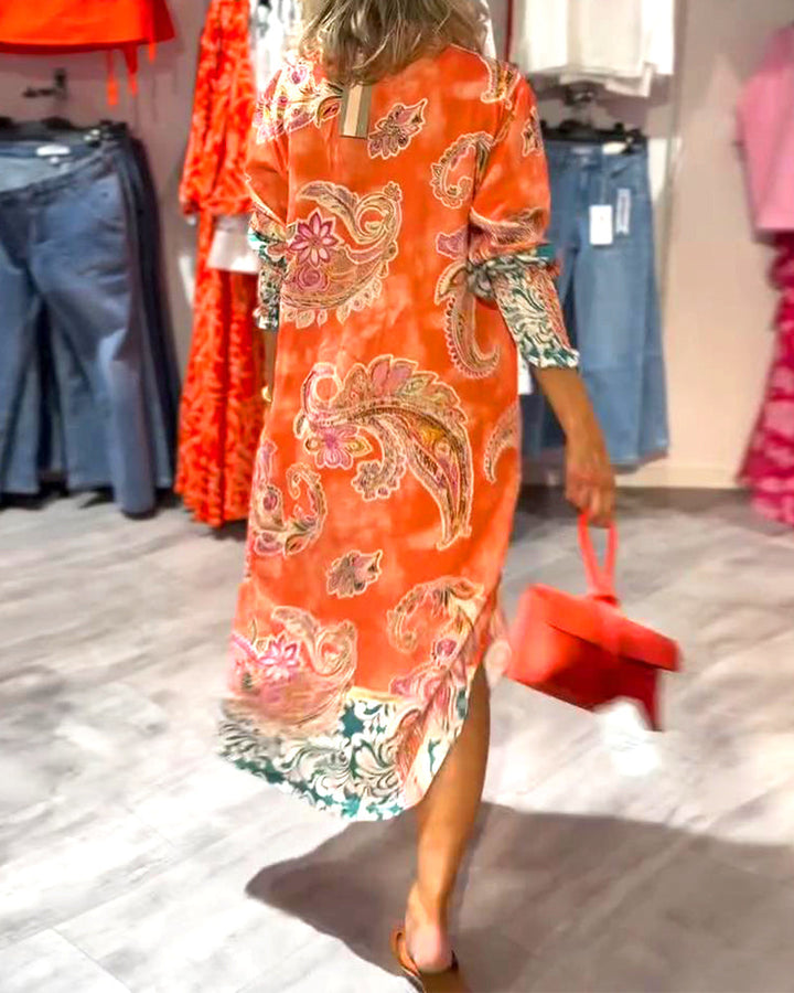 Stand Collar Long Sleeve Cashew Print Dress
