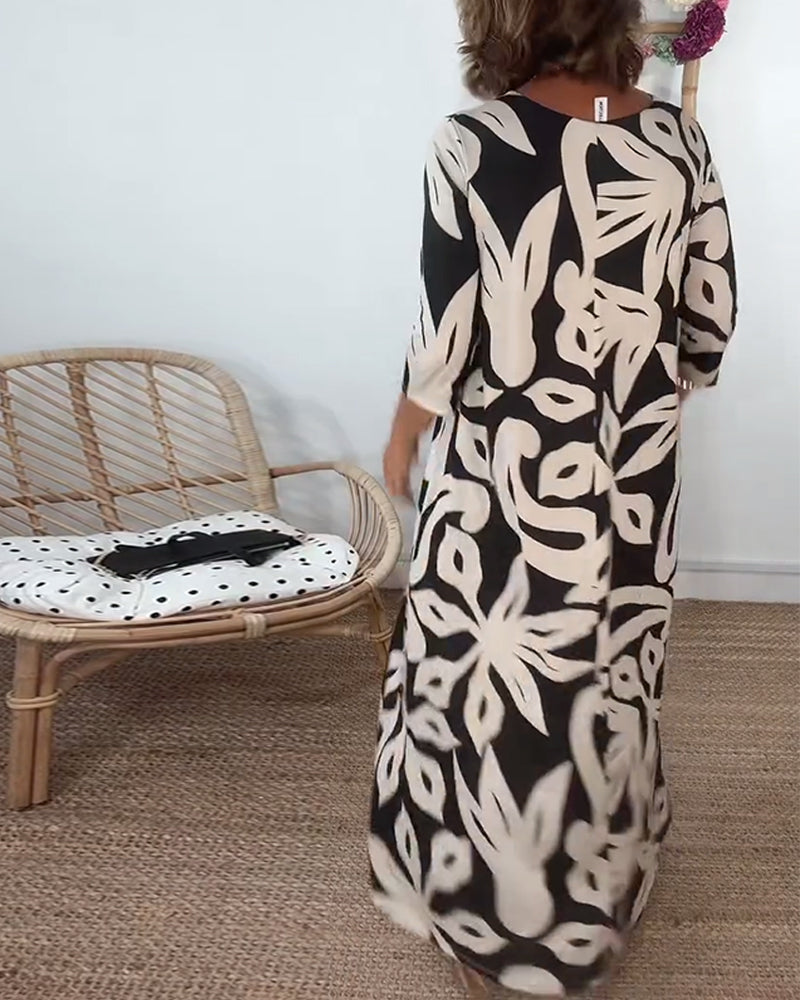 Round Neck Long Sleeve Printed Dress