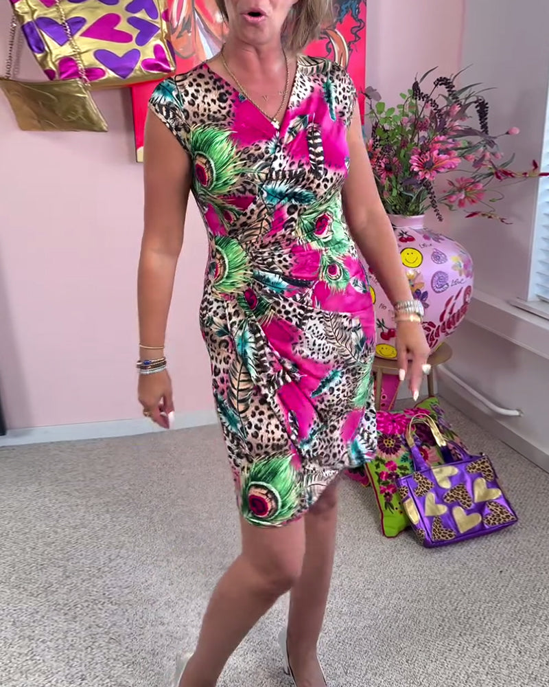 V-Neck Crossover Wrap Leopard Print Dress
