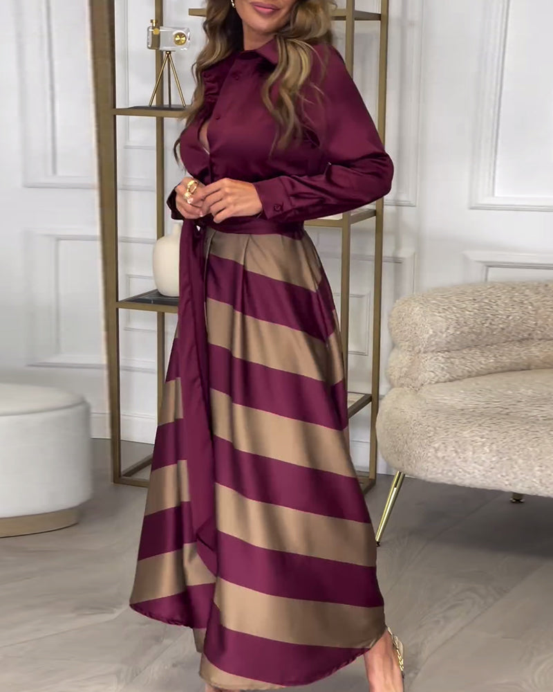 Elegant striped printed lapel strap dress