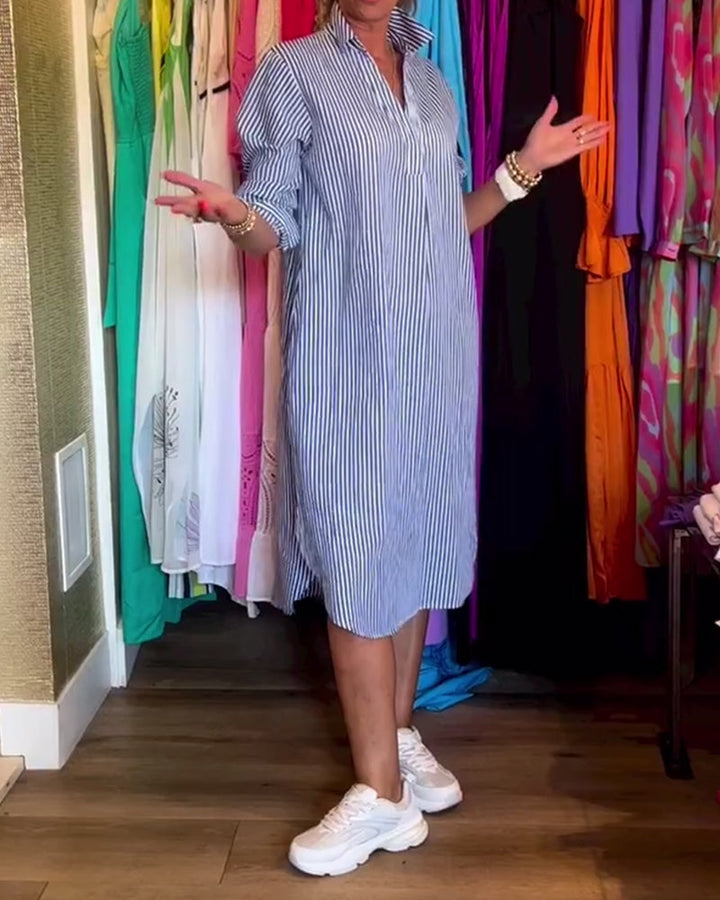Striped printed lapel casual dress