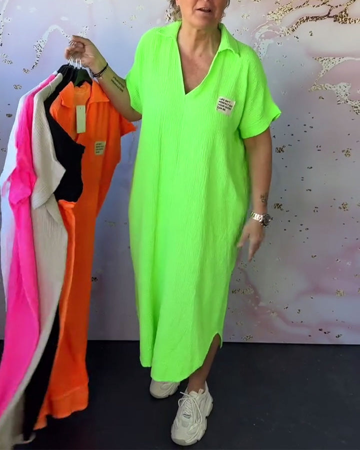 V-Neck Pleated Solid Color Long Dress
