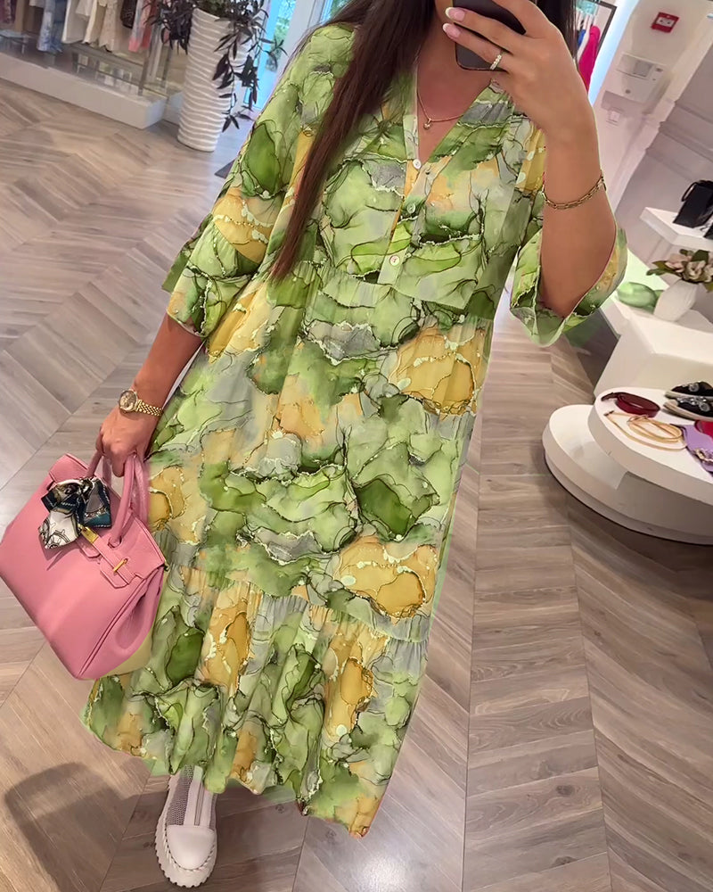 V-neck printed gentle loose dress